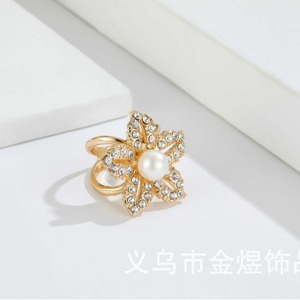 Flower Shape Pearl <b>Ring</b> With <b>Crystal</b> Inlay For Women Daily Wear Gold Tone Fashion Jewelry - Product Image 1