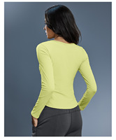 T-shirt de yoga respirant avec soutien-gorge intégré, col en V, manches longues, froncé, amincissant, avec logo frontal, pour l'entraînement