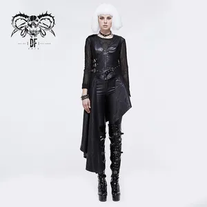 SKT089 V neck punk rock Asymmetric hem zipper up spiked mid length leather vest with loops