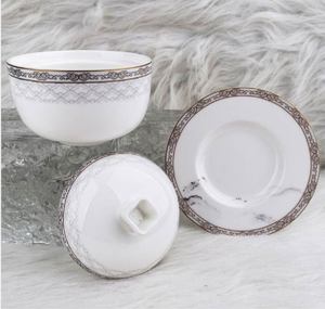 Soupière classique en céramique avec couvercle et soucoupe, bord doré, motif floral blanc, ensemble de vaisselle - Product Image 4