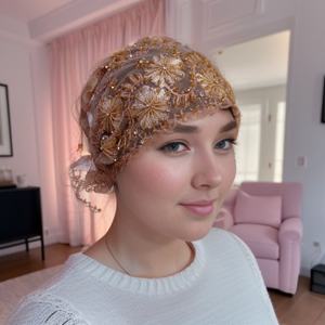 Hijab de style <span class=keywords><strong>marocain</strong></span> à perles lourdes et à queue de poisson - Coiffe en dentelle brodée à la main - Product Image 5