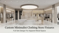 Kiosque de Magasin de Vêtements Minimaliste Noir et Blanc Tout-en-un avec Éclairage LED, Cadre Métallique en Verre Courbé, Comptoir de Caisse, OEM 3D Gratuit