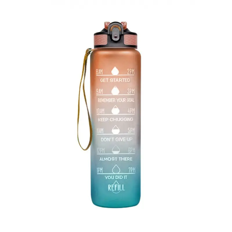 Botol air olahraga 1000ml, peralatan minum gradien kapasitas besar dengan penanda waktu luar ruangan kebugaran