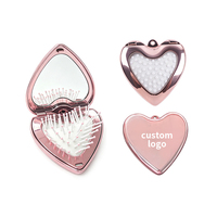 Cermin Rias Genggam Bentuk Hati Warna Rose Gold, Sikat Rambut 2-in-1 dengan Ujung Bola HD Air Cushion, Portabel untuk Wanita, Logo Kustom Grosir
