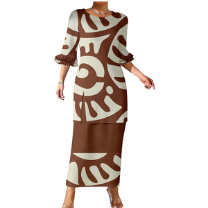 Nuovo Design Personalizzato: Abito a Due Pezzi con Spacco per Donna, Top e Gonna, Stile Samoano Puletasi, Abito Polinesiano con Maniche a Doppio Strato - Product Image 4