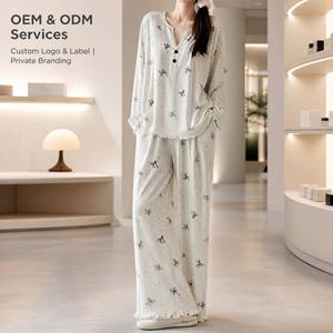 Conjunto de Pijama Acanalado para Mujer, Manga Larga, Ropa de Estar por Casa, Abotonado, Estampado de Puntos y Lazos, Largo Completo, Ropa de Dormir de Bambú - Product Image 4