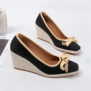 High Heel Fisherman Shoes Woman's Wedge Heel Autumn 2022 Bowknot Pointed Single Shoe Women Women Grey Espadrilles