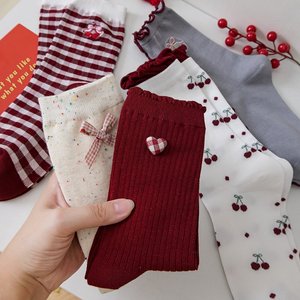 Calcetines con Volantes y Estampado <span class=keywords><strong>de</strong></span> Cerezas para Mujer, Calcetines <span class=keywords><strong>de</strong></span> Algodón Suave y Transpirable hasta la Pantorrilla, Color <span class=keywords><strong>Vino</strong></span> <span class=keywords><strong>Tinto</strong></span> Vintage, para Uso Diario - Product Image 5