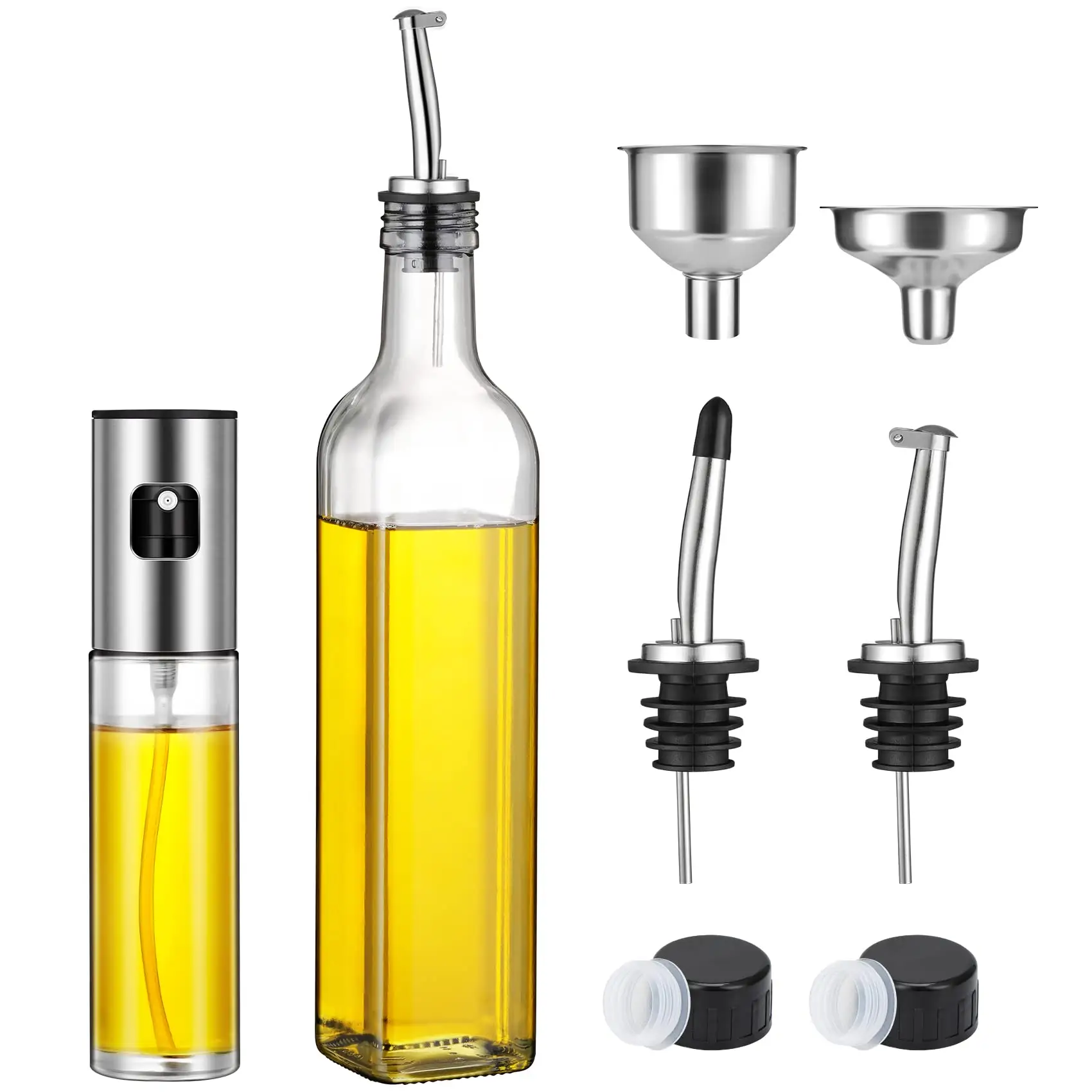 Distributeur d'huile d'olive 17 oz et flacon pulvérisateur d'huile Récipient en verre réutilisable avec bec verseur en acier inoxydable sans goutte pour ensemble de cuisine
