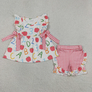 Back to School Kids Toddler Girl Boy <b>Clothes</b> Letter Apple Print Short Sleeve Tops with Plaid Shorts 2pcs Summer Clothing Sets - Product Image 2