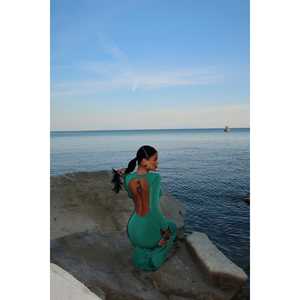 Robe de soirée de luxe Green Doss, robe de bal longue, dos nu, col haut, manches courtes, crochetée, empire, pour bal de promo, demoiselle d'honneur - Product Image 6