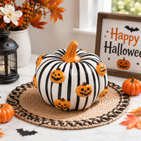 Décoration d'Halloween en céramique : Citrouille noire, blanche et orange, figurine artisanale, ornement de table, cadeau pour la maison et les fêtes