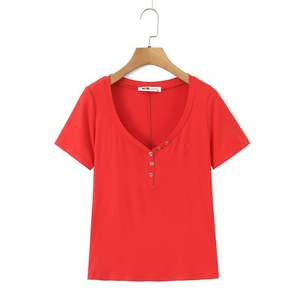 Happy Plus T-shirt tricoté ajusté à col en v pour femme, grande taille, orange rouge, manches courtes, couleur unie, N9261 - Product Image 2