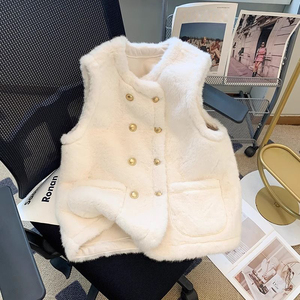 <span class=keywords><strong>Gilet</strong></span> élégant en fausse fourrure pour <span class=keywords><strong>femme</strong></span>, style cardigan tricoté à double boutonnage, pull sans manches épais et <span class=keywords><strong>chaud</strong></span> en peluche pour l'hiver - Product Image 1