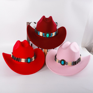 Cowboy <b>Hat</b> With Beaded Band Artistic Retro Style Polyester Fabric <b>Warm</b> Windproof Sun Shading <b>Hat</b> For Outdoor Fashion Wear - Product Image 3