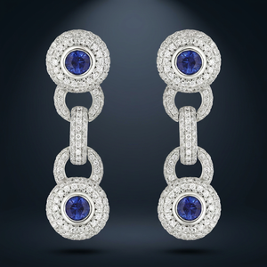 Boucles d'oreilles pendantes de luxe pour femme en or 18 carats avec saphir et diamants pavés, bijoux de mariage - Product Image 3