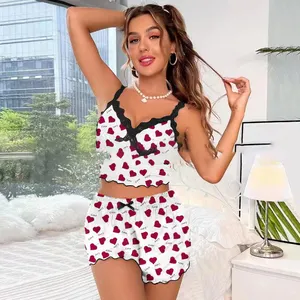 Wholesale sexy heart printed pajamas summer short set sleepwear lace stitching 2 pieces night suits for women