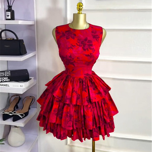 Women's Red Floral Tiered <b>Mini</b> Dress - Sleeveless Fit-and-Flare Party Gown Dresses Fashion - Product Image 5