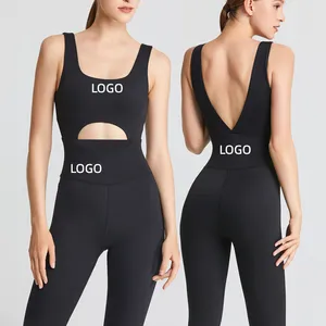 Lege Effen Kleur Custom Vrouwen Nieuw Uit Één Stuk Fitness Pak Met Strakke Bodysuit Vrouwen Holle Rug Dans Pilates Yoga Jumpsuit Set