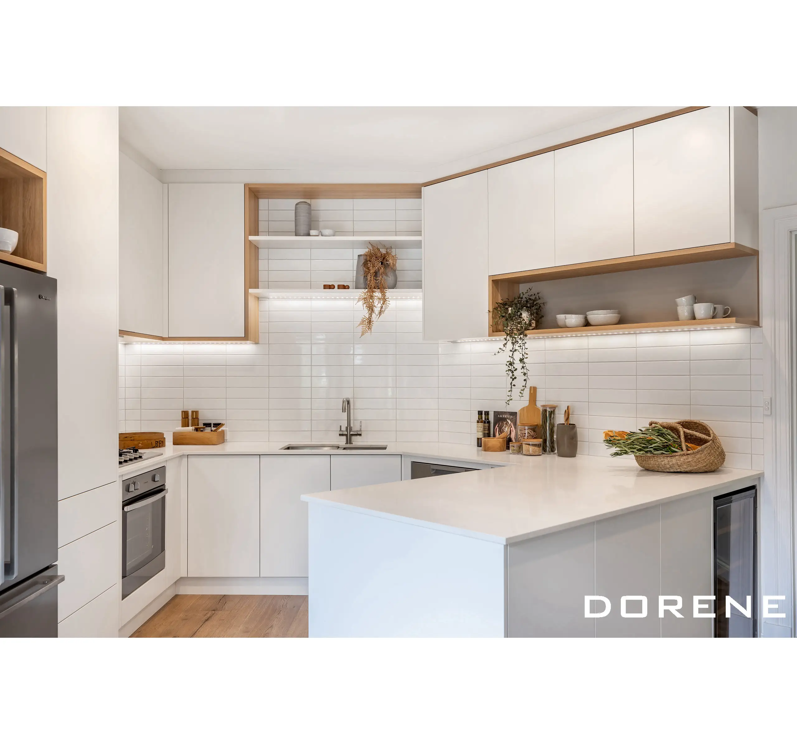 Dorene-armarios de cocina pequeños, minimalistas, modernos y contemporáneos, color blanco y madera, diseño para cocinas de espacio pequeño, 2023