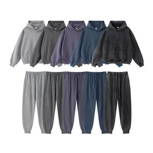 Wholesale 380 GSM 100% Cotton French Terry Acid Wash Hoodie <b>Set</b> Sweatpants Heavyweight Unisex Factory Manufacturer Men Tracksuit - Product Image 1