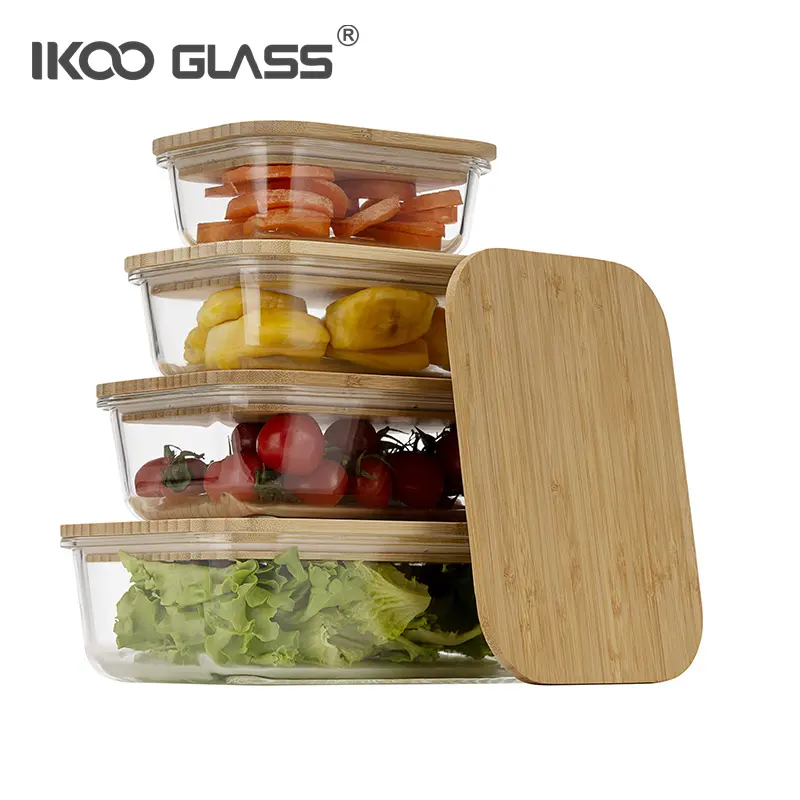 Airtight glass meal prep containers wood food box with eco friendly sustainable bamboo lids