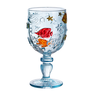 Verre à boire en verre bleu gaufré motif poisson tropical, verres colorés peints à la main représentant la vie marine, tasses pressées à la machine pour pique-niques - Product Image 5