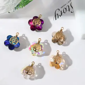 Gold Plated Brass Bezel Clover Plum Blossom Crystal Pendants Double Loops Tulip Flower Glass charms DIY Jewelry Accessories
