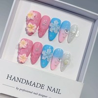 Flores Azul Verdoso en el Agua, Elegantes y Tridimensionales, con una Sensación de Frescura. Uñas Postizas Hechas a Mano
