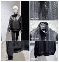 Blouson Bomber Noir en Cuir Véritable Tressé Unisexe Col Montant Fermeture Éclair Manches Longues Poignets Côtelés Veste d'Hiver