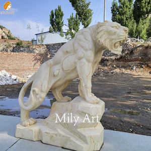 Estatuas de Tigre de Mármol Blanco Beige Talladas a Mano de Tamaño Real, de Piedra Natural para Exteriores, de Alta Calidad - Product Image 2