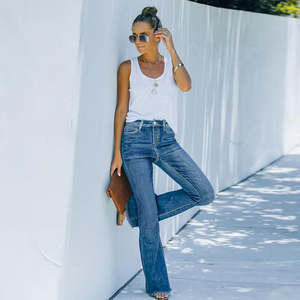 USA Free Shipping Dark Blue High Stretch Flared Denim <b>Jeans</b> Pants for Women/Mom/Lady Long <b>Baggy</b> Casual Waist Direct China - Product Image 5