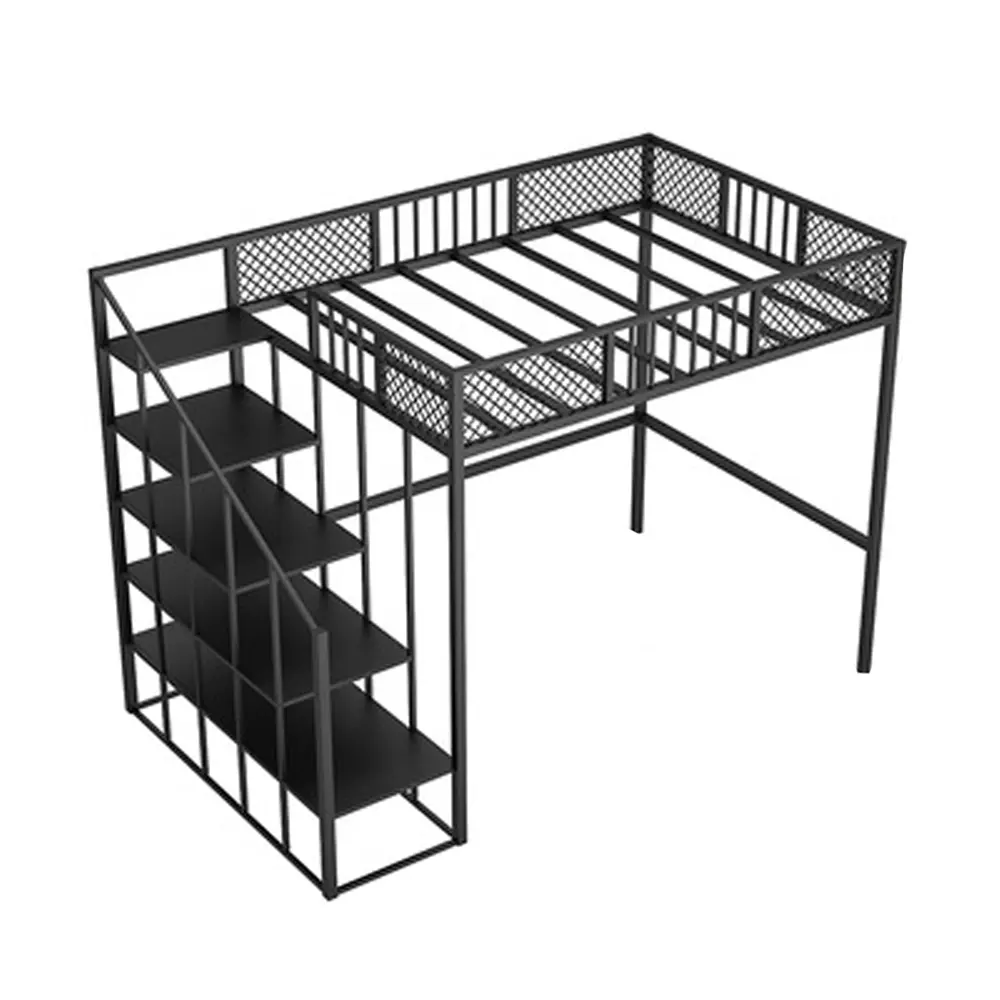 Nordic Modern metal loft bunk bed with storage Apartment Dormitory Iron Bed Space-Saving Multifunctional Floor bedroom furniture