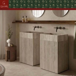 Lavabo da <span class=keywords><strong>bagno</strong></span> GOLDKING in travertino beige con design verticale scanalato, personalizzabile OEM ODM, direttamente dalla fabbrica - Product Image 3