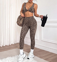 Pakaian Olahraga Wanita Motif Leopard Tanpa Jahitan, Logo Kustom, Pinggang Tinggi, Angkat Bokong, Set Yoga Fitness Gym