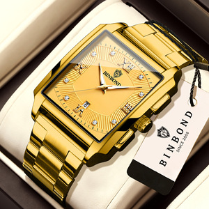 Binbond Men's <b>Rectangular</b> Stainless Steel Quartz <b>Watch</b> With Calendar 30M Waterproof Folding Clasp Analog Display - Product Image 1