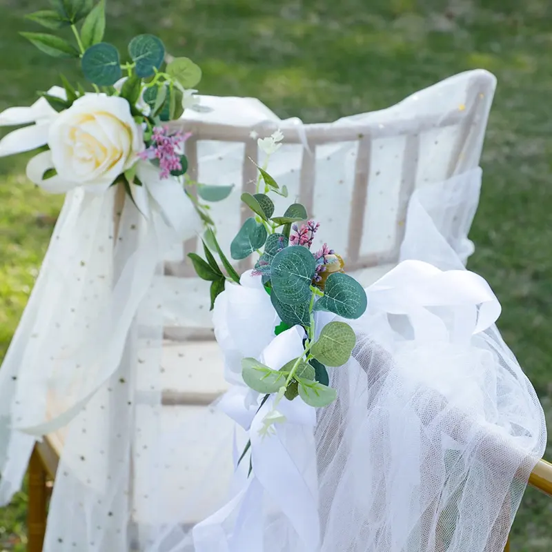 Décorations de cérémonie de mariage Ceintures de chaise Dos Organza Soie Fleur artificielle Tissu Plantes Fête Décoration de salle de scène