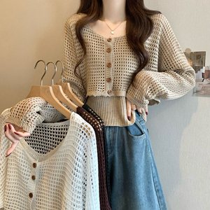 Cardigan en maille ajouré à manches longues Merlad pour femme, ensemble deux pièces printemps 2025, pull ample couleur unie, taille unique - Product Image 2