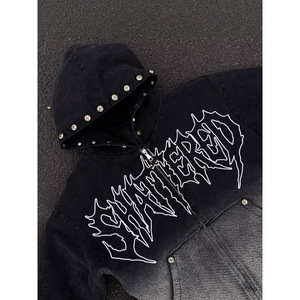 Men's Hooded <b>Zipper</b> <b>Sweatshirt</b> Oversized Punk Style Letter Print Knitted Polyester Autumn Streetwear - Product Image 5