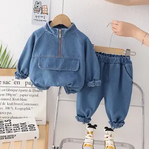 2023 primavera nuovi bambini Vintage indossano pantaloni Top Color tinta unita con cerniera a maniche lunghe Denim Set di abbigliamento per bambini per bambini