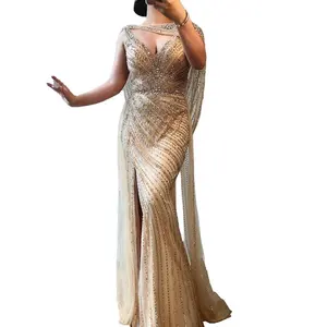 Champagne Beaded Sleeveless Sexy Mermaid Evening Dresses 2021 Serene Hill LA70301 V Neck Long Party Gowns For Women Plus Size