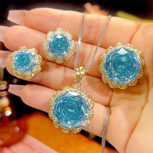 Elegant Eco-friendly Copper Two Tone Flower Jewelry <b>Set</b> 16-10mm Blue Rose Cut Cubic Zirconia Double-color Floral Jewelry <b>Set</b> - Product Image 2