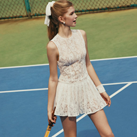 Femme écologique lavable Vintage inspiré blanc dentelle robe de Tennis élégante robe de soirée sans manches O cou évasé ourlet nœud