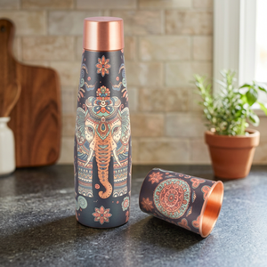 ขวดน้ำทองแดงลายโบฮีเมียนพร้อมลายช้าง แก้วน้ำพกพาสำหรับเดินทาง - Product Image 1