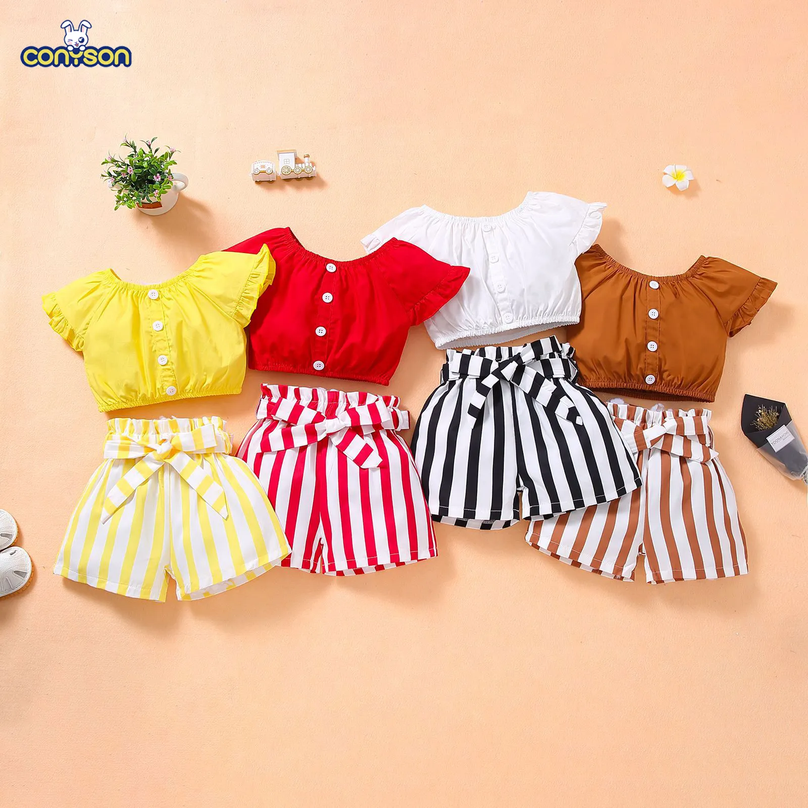 Conyson-Camiseta y pantalones cortos a rayas para niños, conjuntos de ropa para niñas pequeñas, 2 uds.