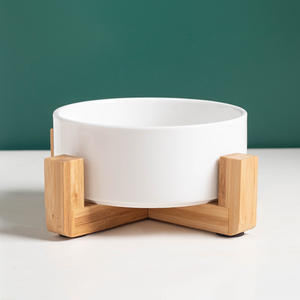 Bol en céramique pour animaux de compagnie avec cadre en bois intégré antidérapant anti-chocs motif solide écologique étanche IPX5 pour chiens - Product Image 5