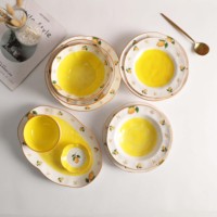 Service de vaisselle en céramique jaune, vaisselle de table, motif citron, assiettes en céramique, vaisselle de restaurant