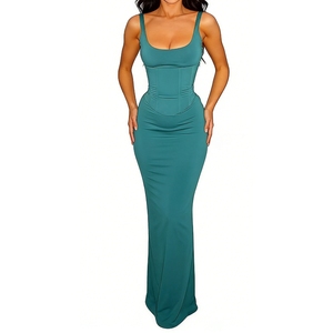 Women's Corset Waist Dress Sleeveless Square Neck Bodycon Split Hem Formal Dresses With a <b>Tie</b>-<b>back</b> Waistband Fashion - Product Image 2