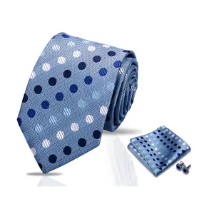 Fashion Tie Handkerchief Gift Silk Tie Pocket Squares Cufflink Set Necktie Man Blue Dot Wedding Accessories Day Gravatas Set