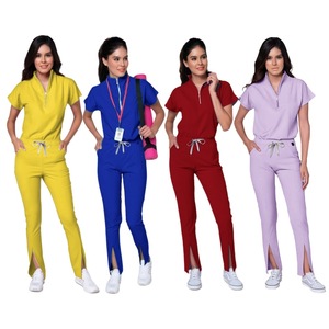 Women's Short Sleeve <b>Scrub</b> Set Solid Color Moisture Wicking Knitted Hospital Uniforms Split Set For Nurses Work <b>Clothes</b> - Product Image 1